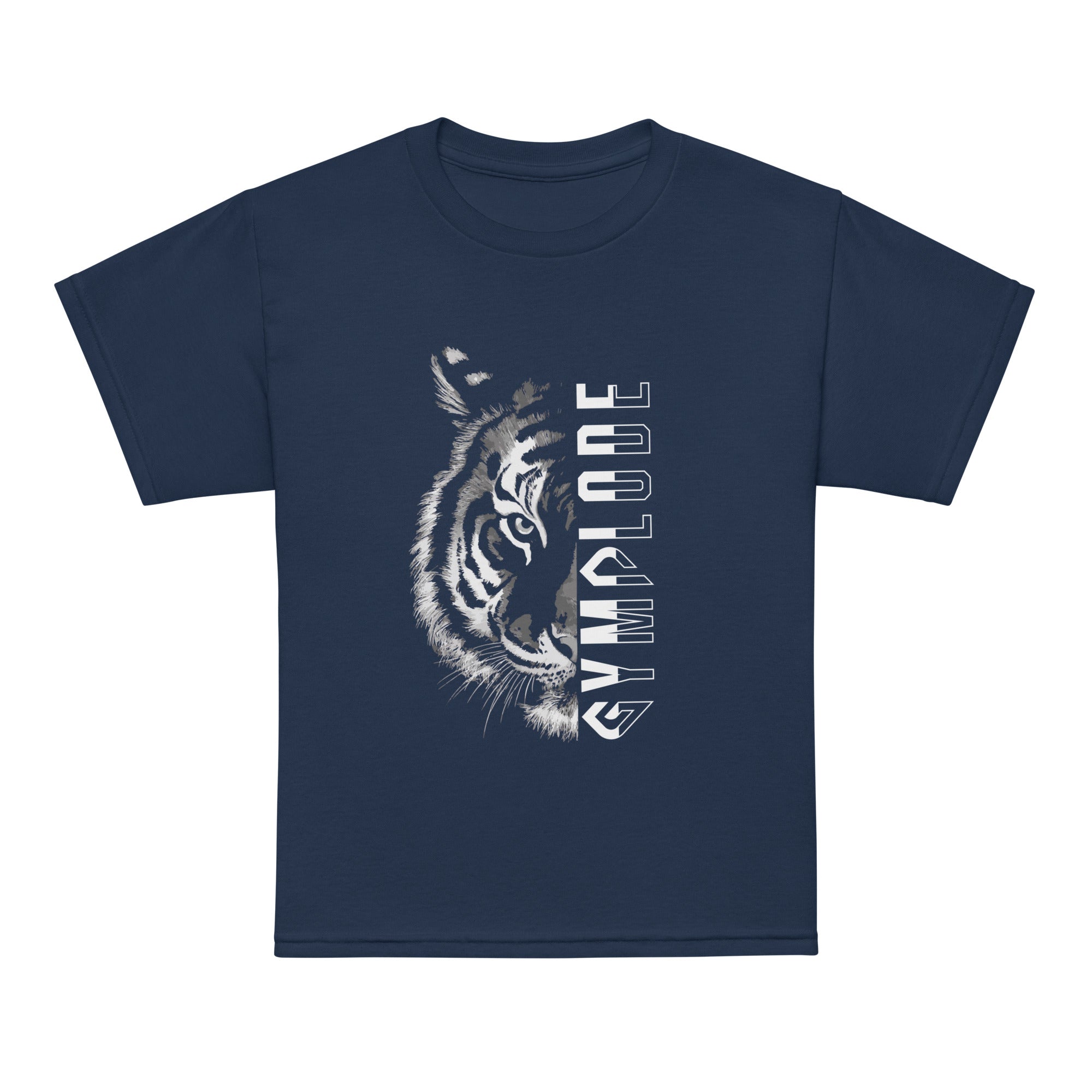 Kids Tiger Split unisex navy Gymplode t-shirt with sig logo, front view