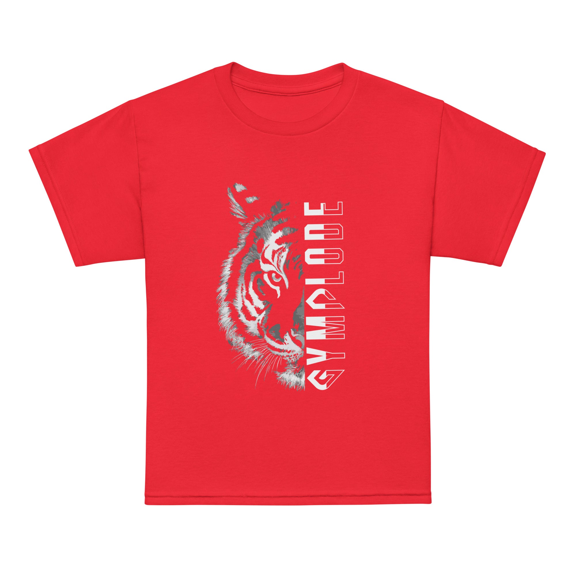 Kids Tiger Split unisex red Gymplode t-shirt with sig logo, front view