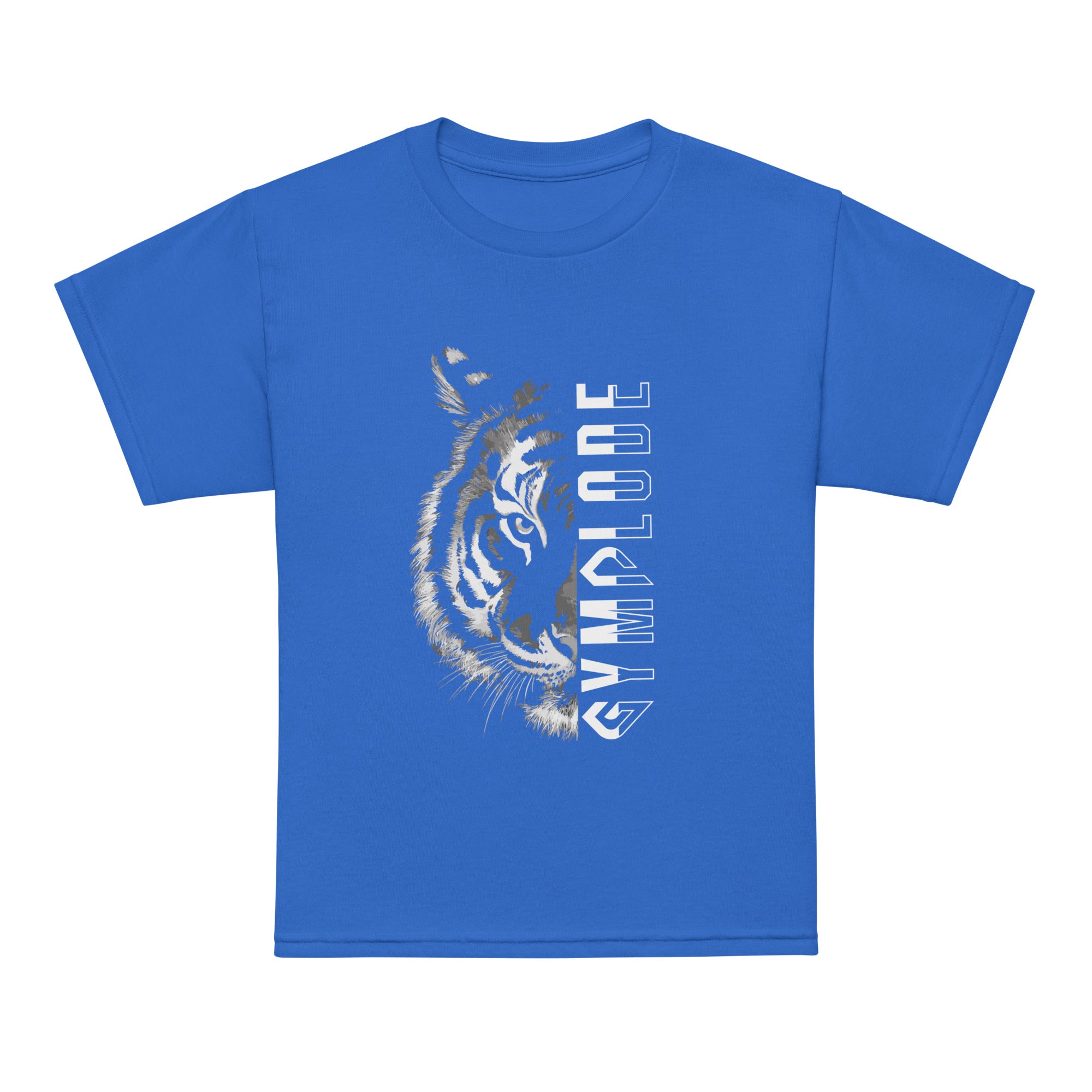 Kids Tiger Split unisex royal Gymplode t-shirt with sig logo, front view