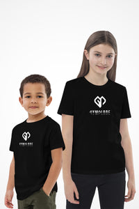 Kids trendy unisex Gymplode t-shirt with dual mark imprint, front view with model