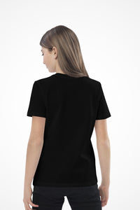 Kids trendy unisex Gymplode t-shirt with no print, back view with model