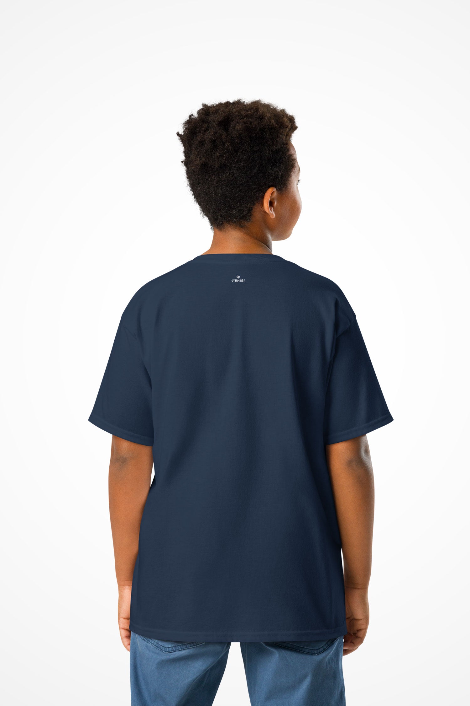 Kids unisex Fearless Gymplode t-shirt with dual mark imprint, back view with model