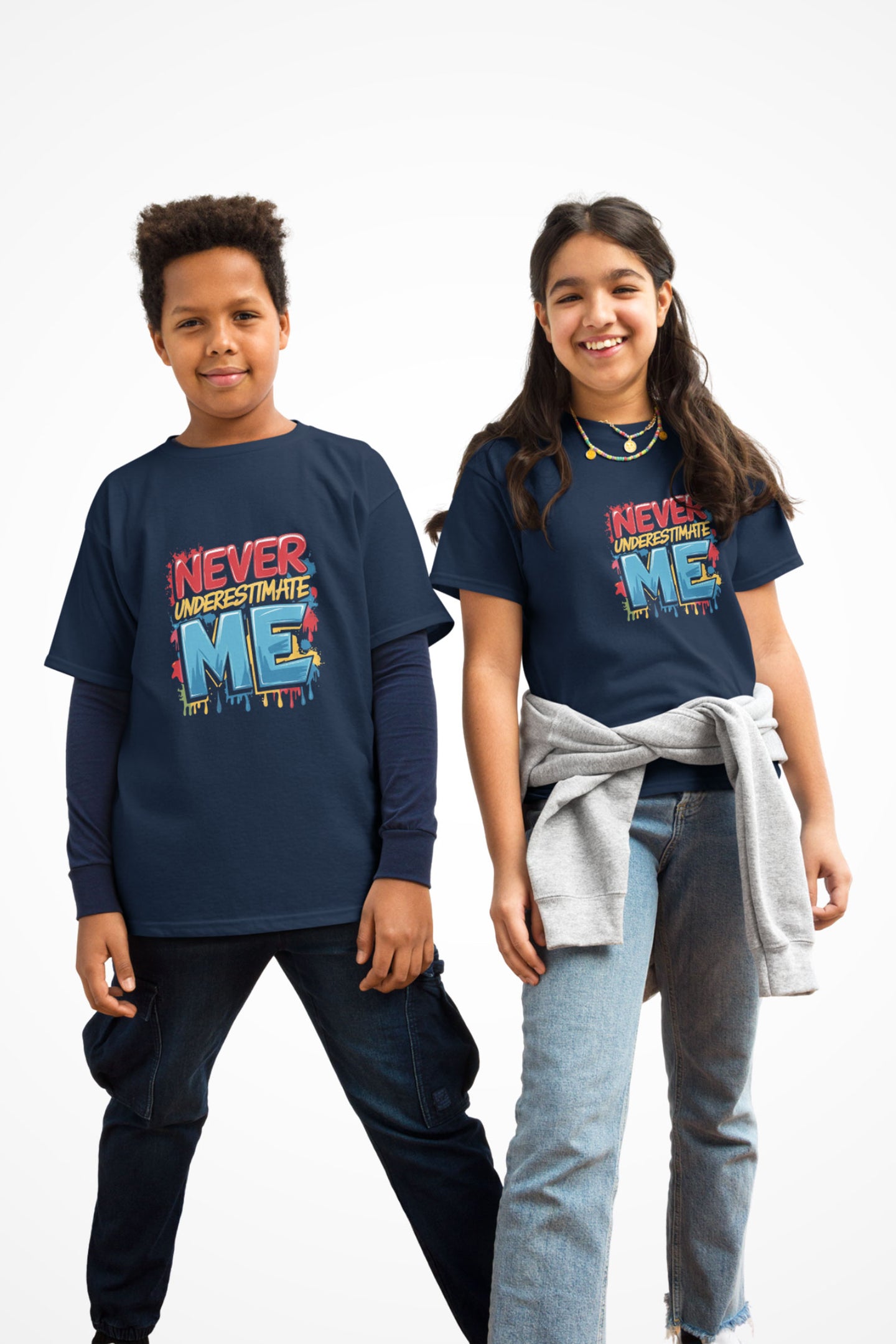 Kids unisex Fearless Gymplode t-shirt with Do Not Underestimate Me imprint, front view with model