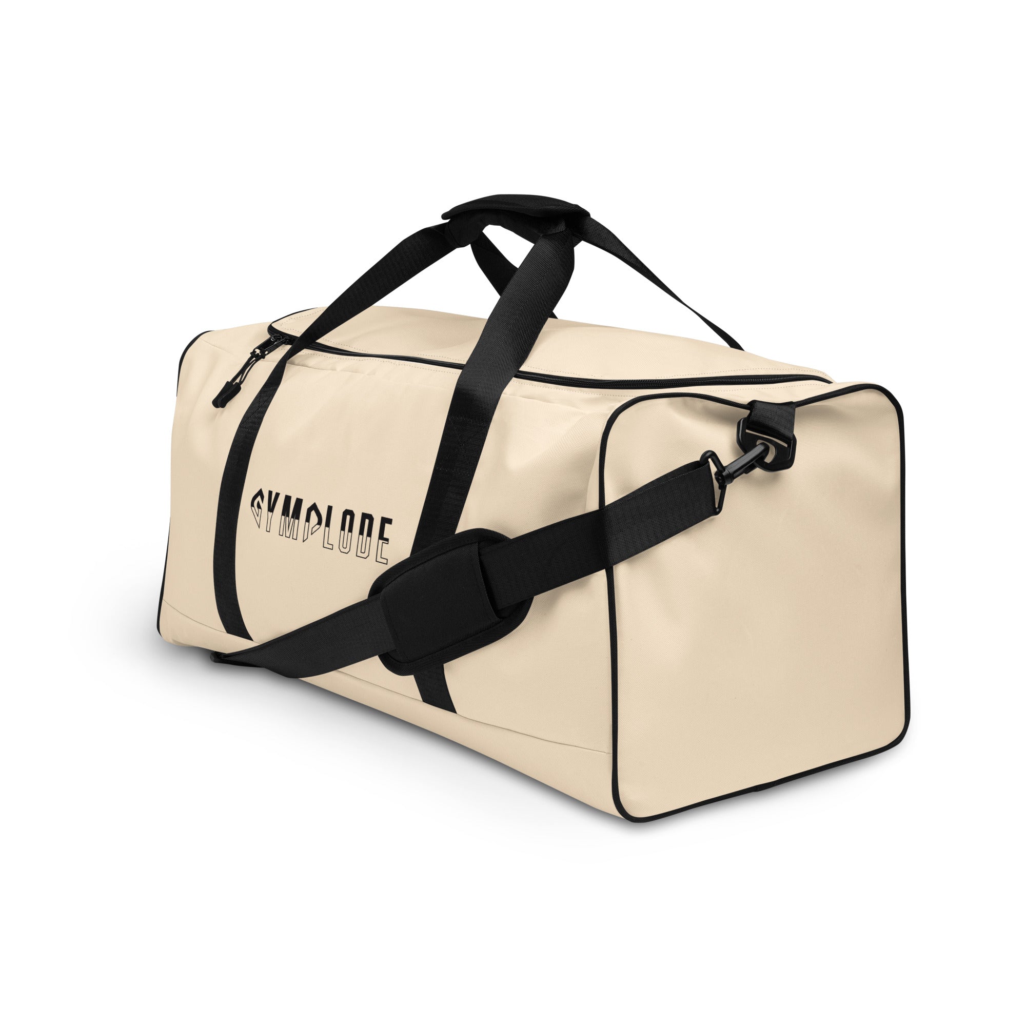 Light coral square end Gymplode duffle bag with signature logo, left front view