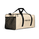 Light coral square end Gymplode duffle bag with signature logo, right front view