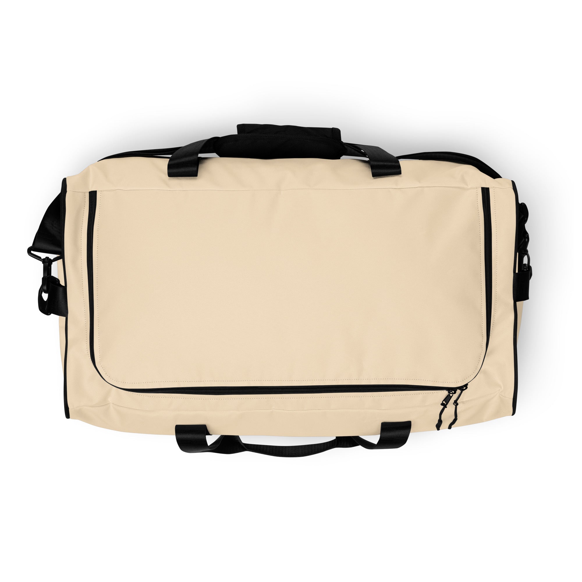 Light coral square end Gymplode duffle bag with no print, top view