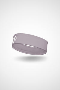 Lilac grey Gymplode headband with icon logo, angled view