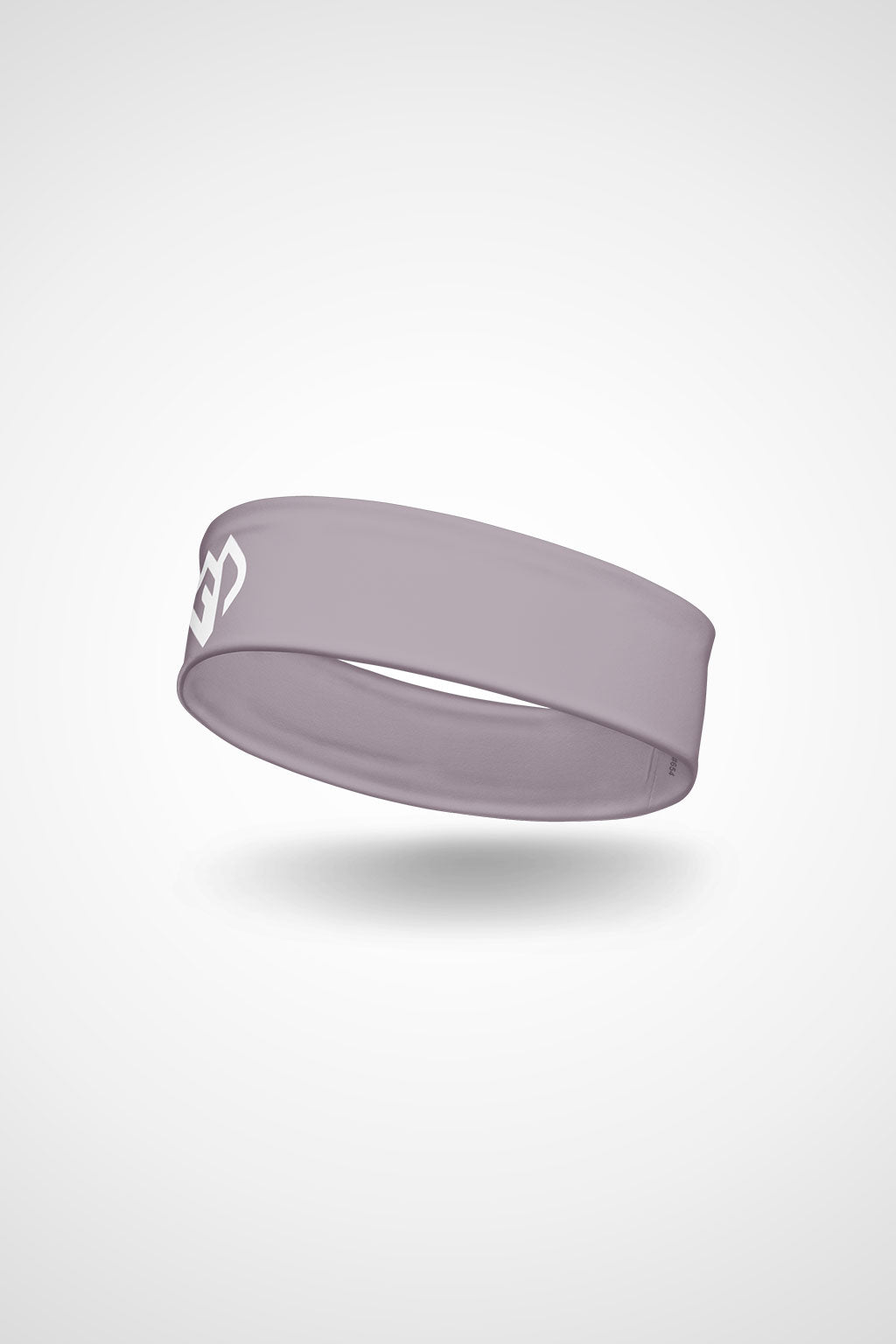 Lilac grey Gymplode headband with icon logo, angled view