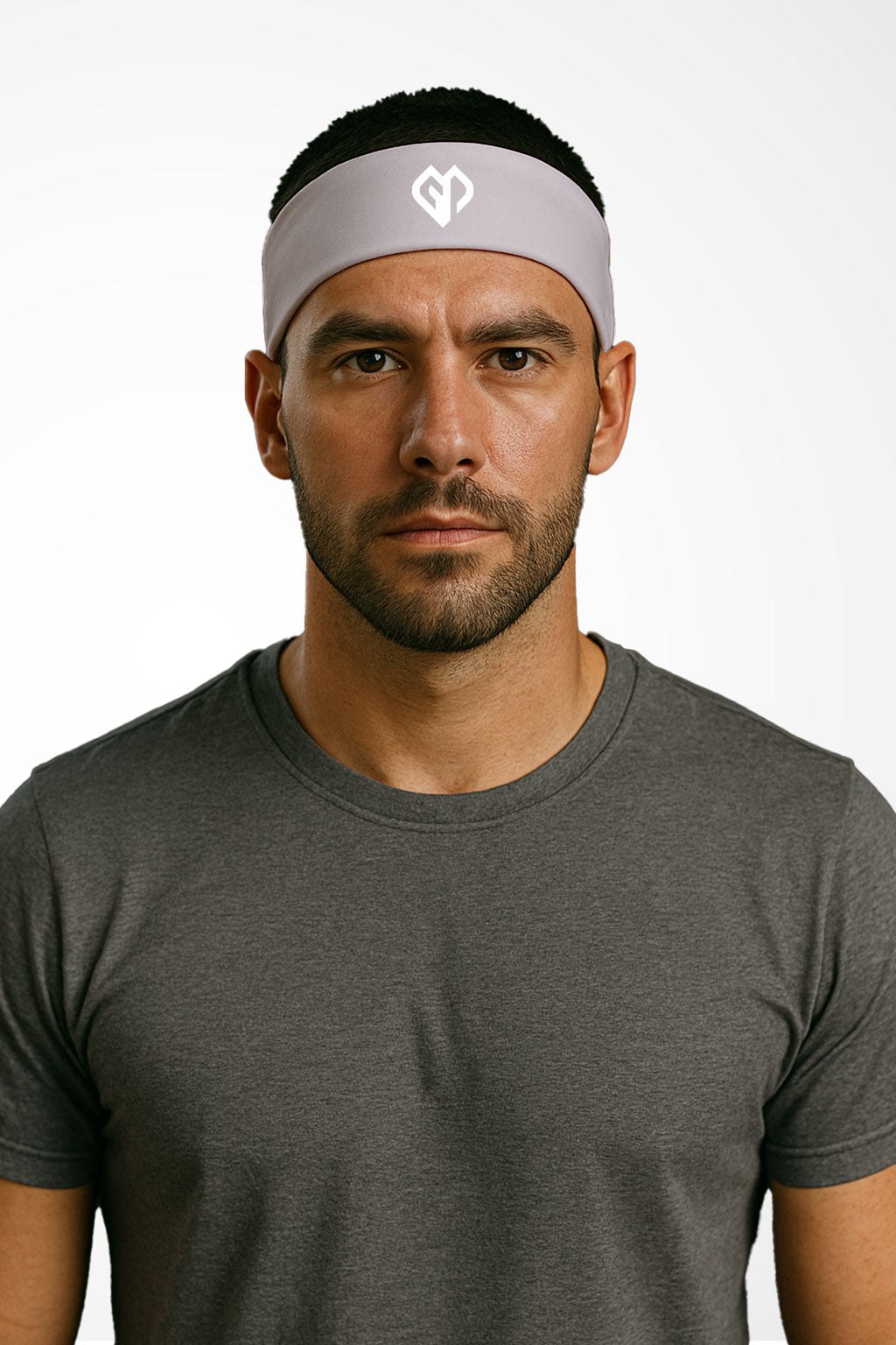 Lilac grey Gymplode headband with icon logo, worn by male model