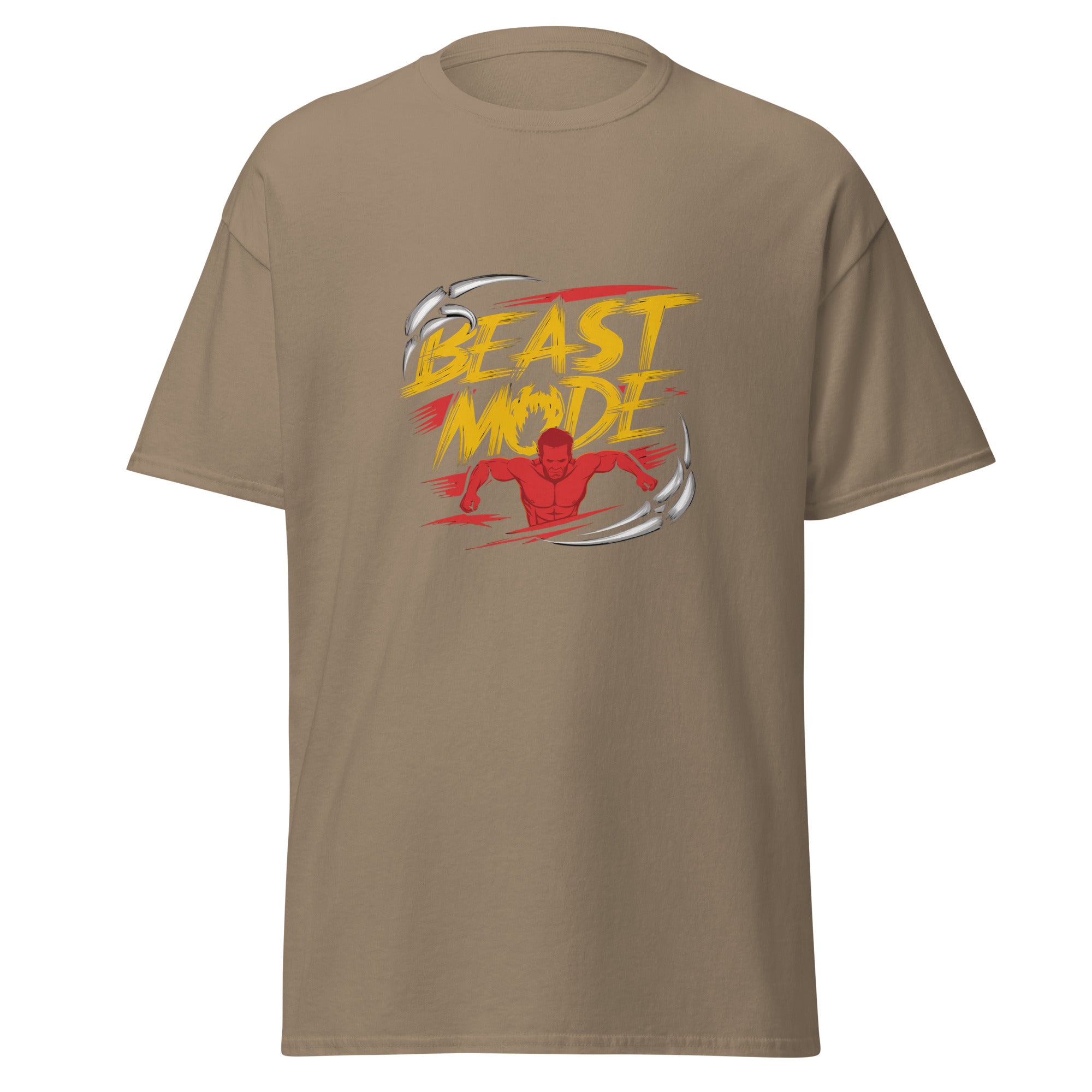 Mens Beast Mode brown savana Gymplode classic t-shirt, front view