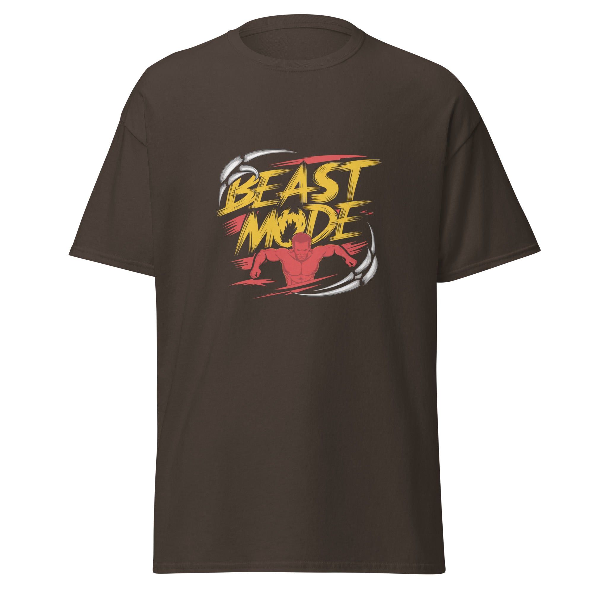 Mens Beast Mode dark chocolate Gymplode classic t-shirt, front view