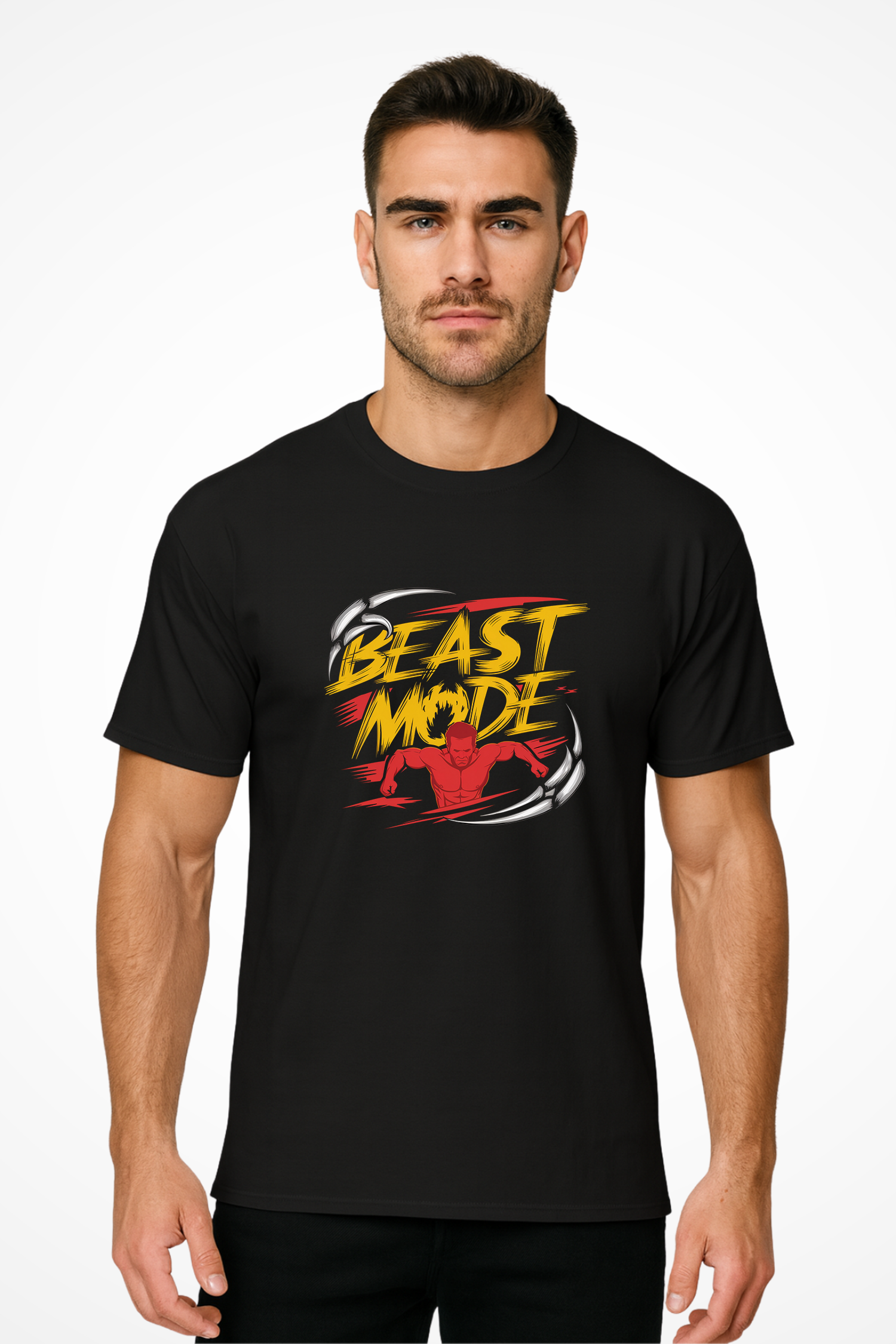 Mens Beast Mode Gymplode classic t-shirt, front view with model