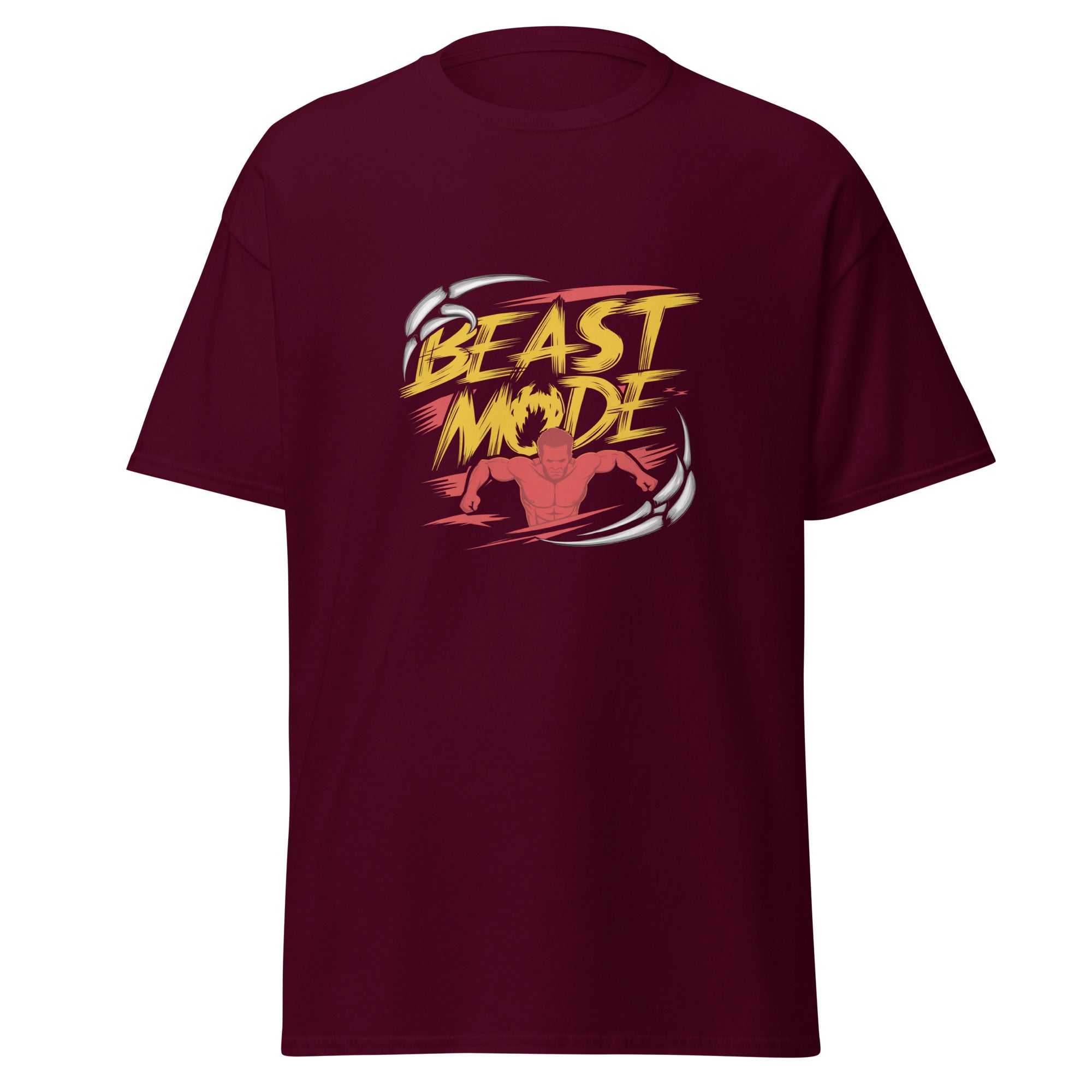 Mens Beast Mode maroon Gymplode classic t-shirt, front view