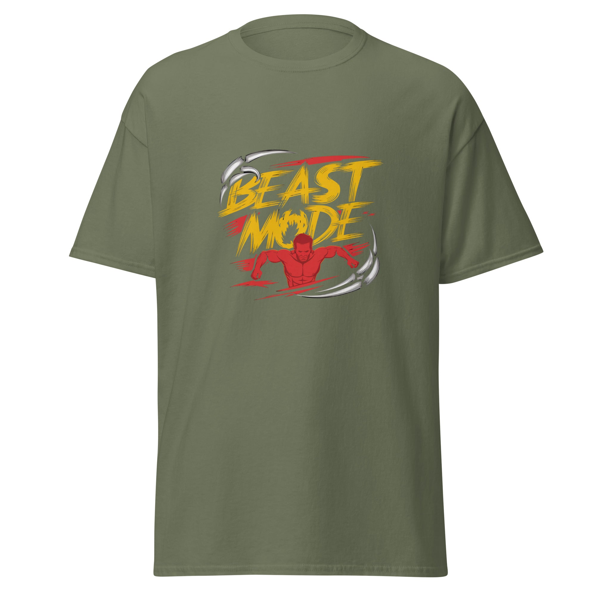 Mens Beast Mode military green Gymplode classic t-shirt with no print, front view