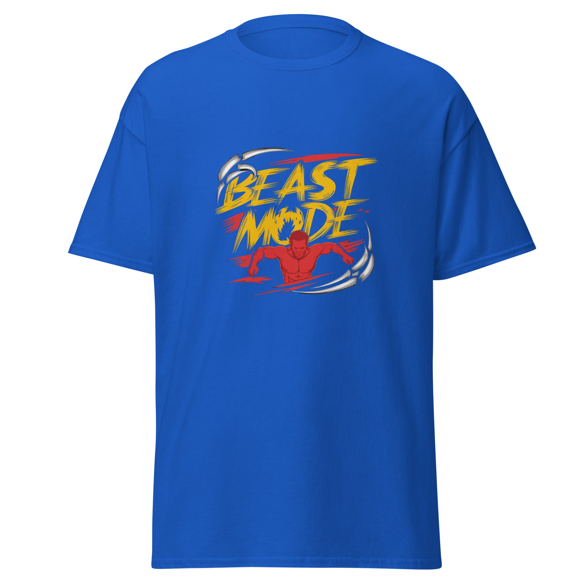 Mens Beast Mode royal Gymplode classic t-shirt, front view