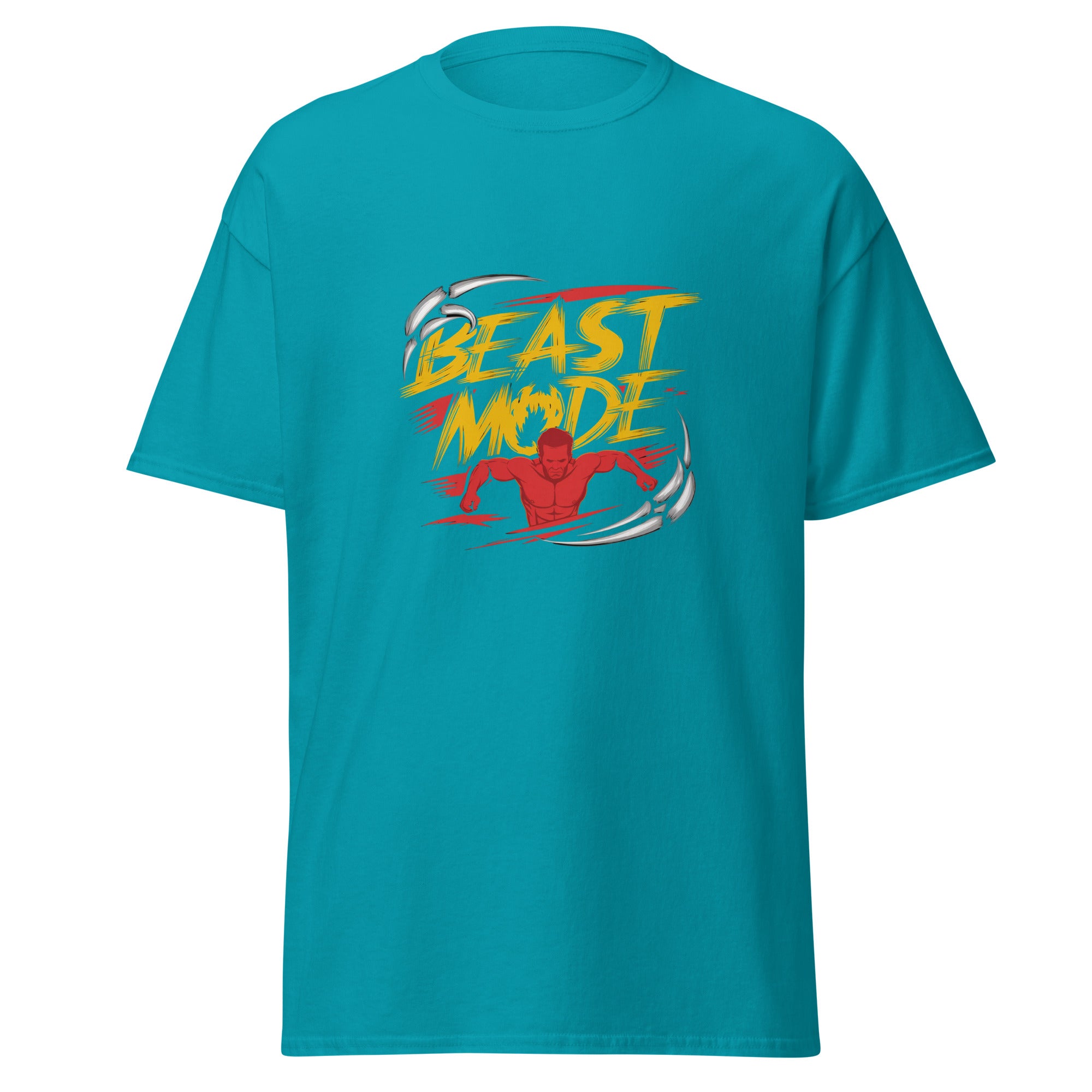Mens Beast Mode tropical blue Gymplode classic t-shirt, front view