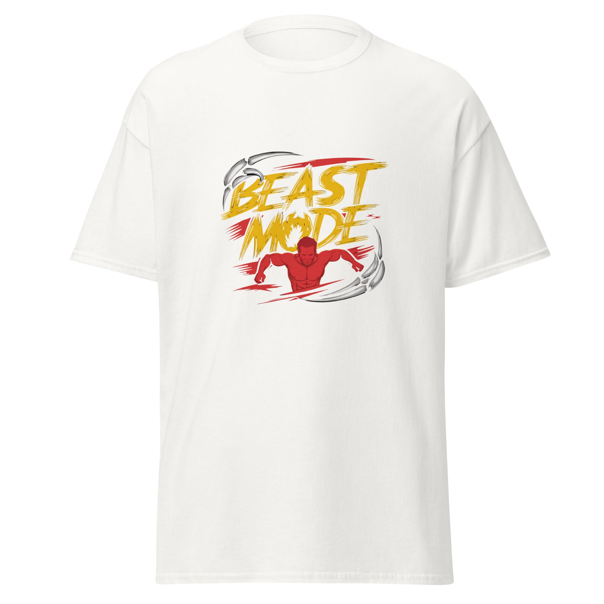 Mens Beast Mode white Gymplode classic t-shirt, front view