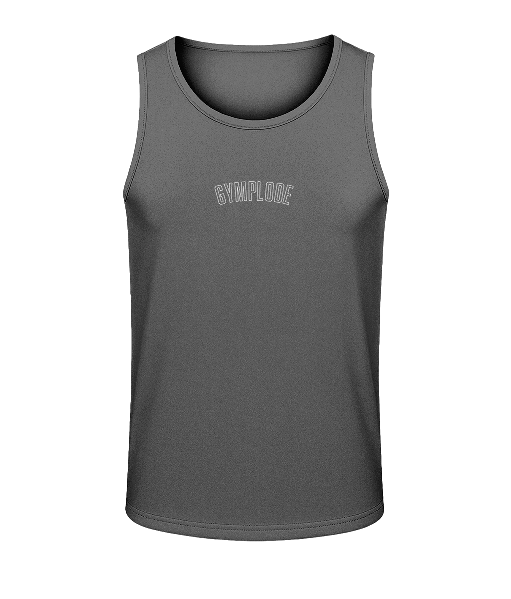 Mens charcoal AWDis TraceFit activewear vest with Gymplode signature logo