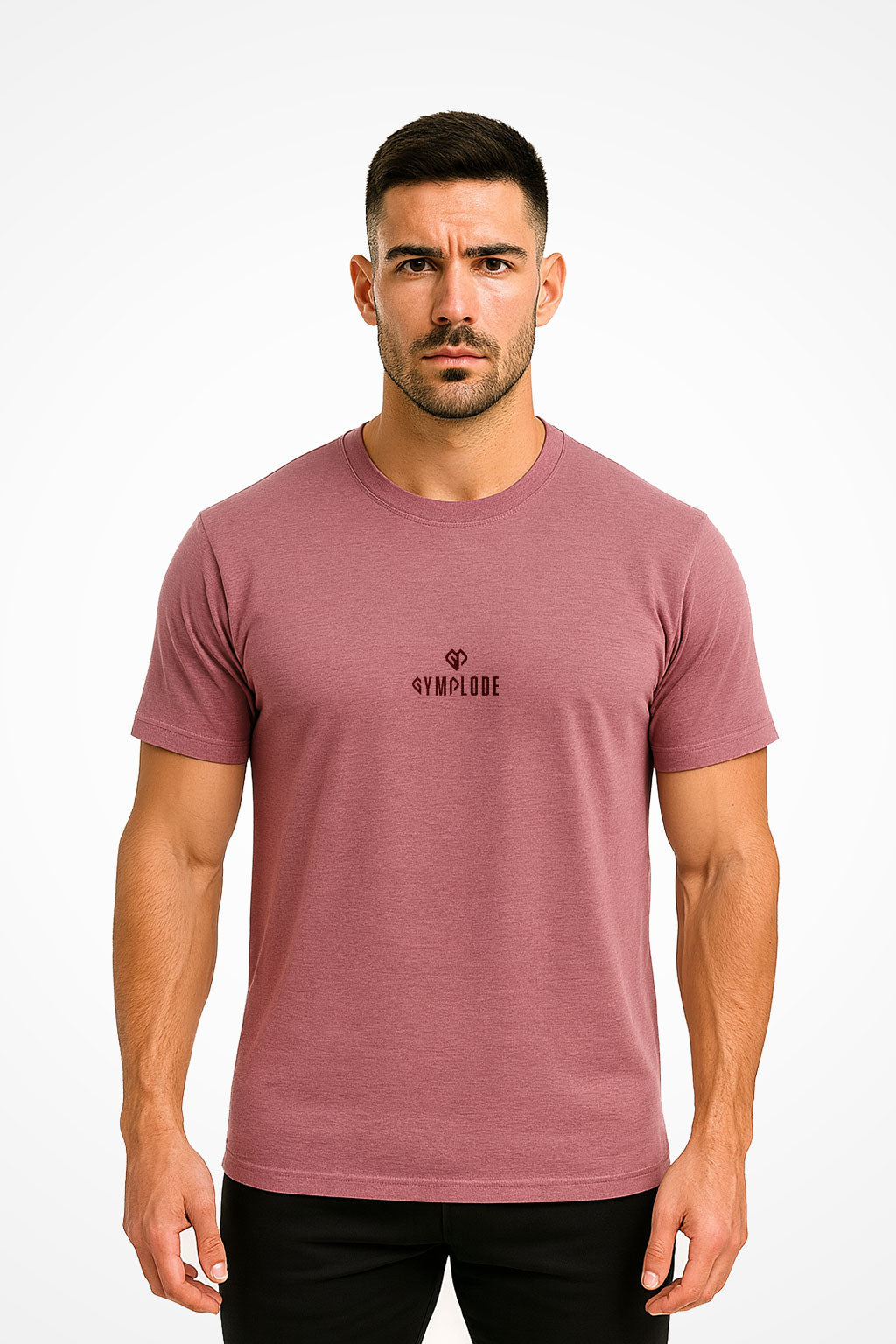 Mens comfy casual t-shirt with Gymplode dual mark imprint, front view with model