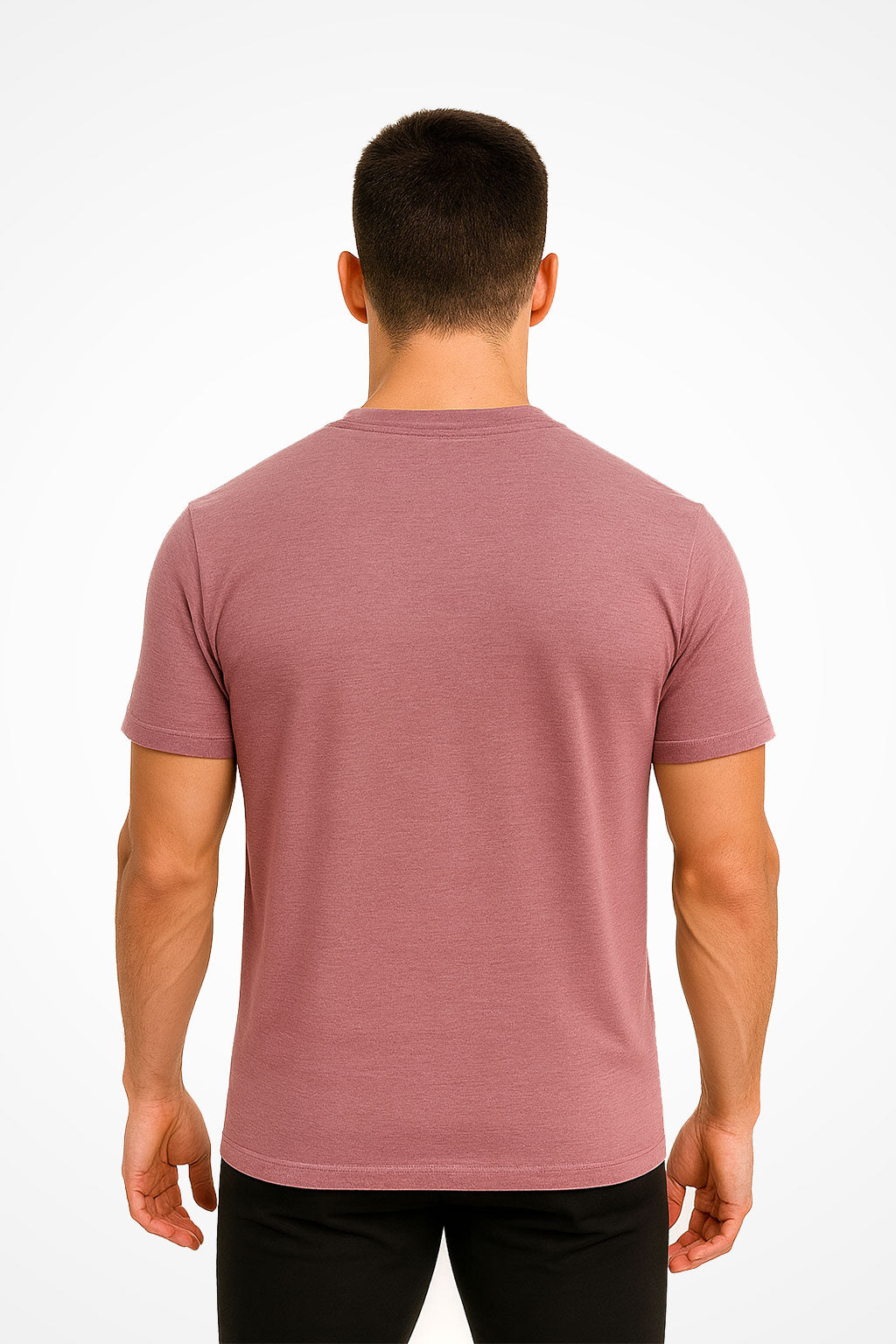 Mens comfy casual Gymplode t-shirt with no print, back view with model