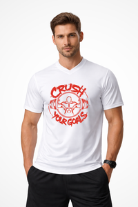 Mens Crush Your Goals regular fit Gymplode streetwear t-shirt, front view with model