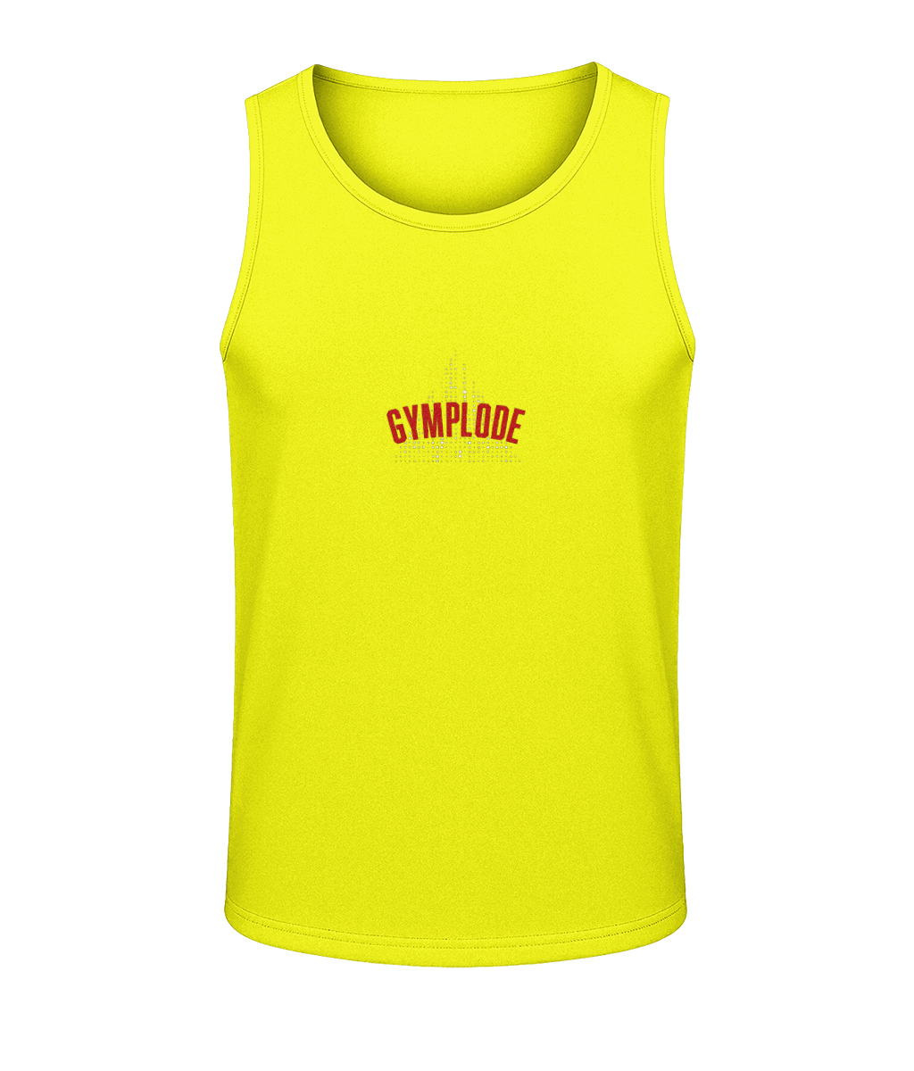 Mens electric yellow AWDis T-Geo sporty fit just cool vest with Gymplode sig logo