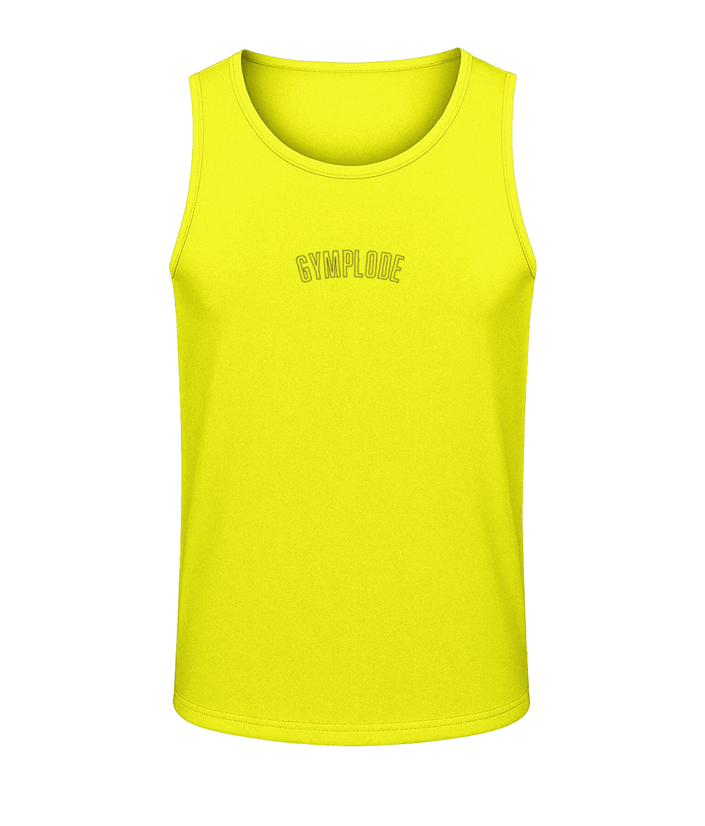 Mens electric yellow AWDis TraceFit activewear vest with Gymplode signature logo