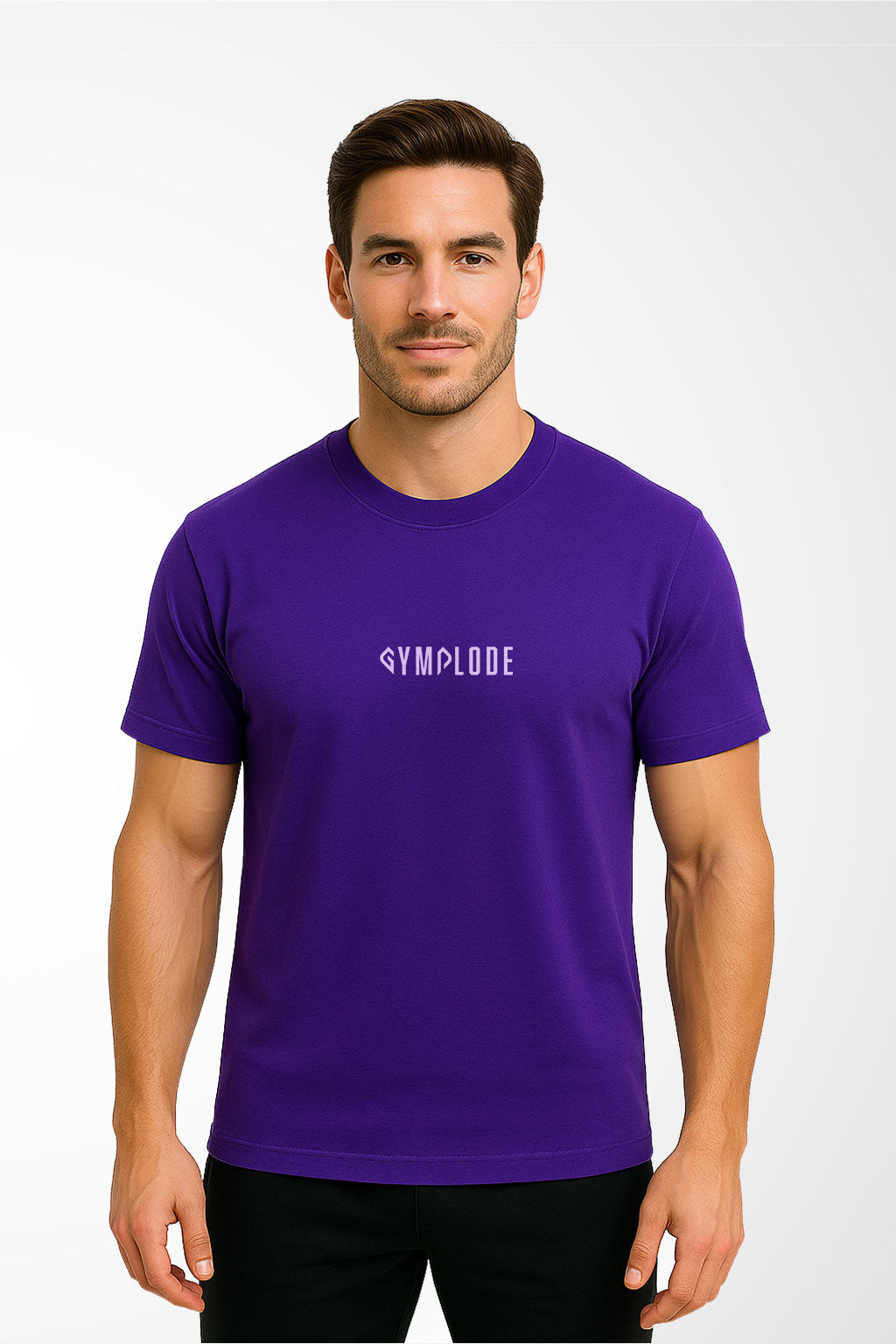 Mens everyday t-shirt with Gymplode signature logo, front view with model