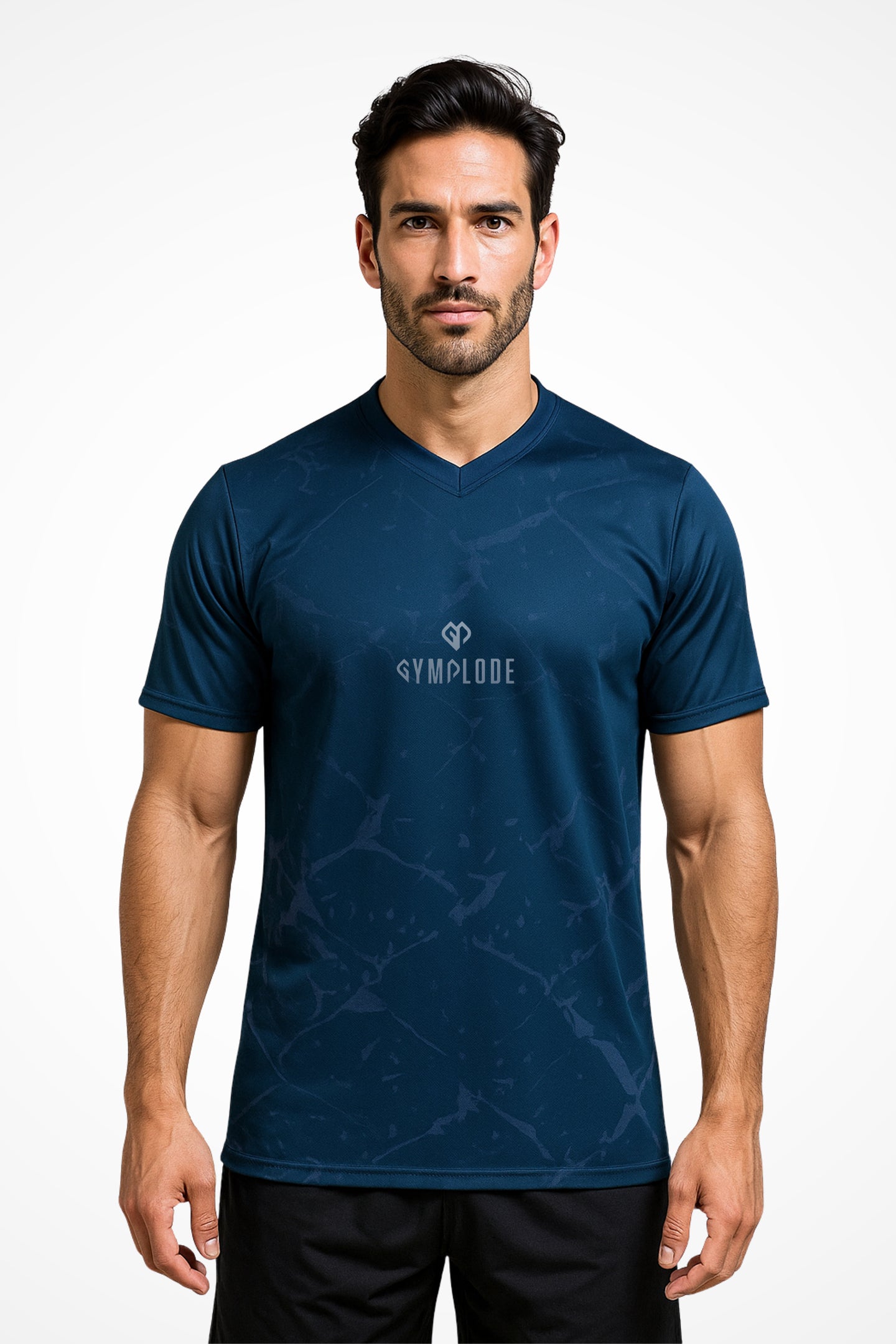 Mens Aura V-Neck quick-dry t-shirt with Gymplode dual mark imprint, front view with model