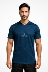 Mens Aura V-Neck quick-dry t-shirt with Gymplode dual mark imprint, front view with model