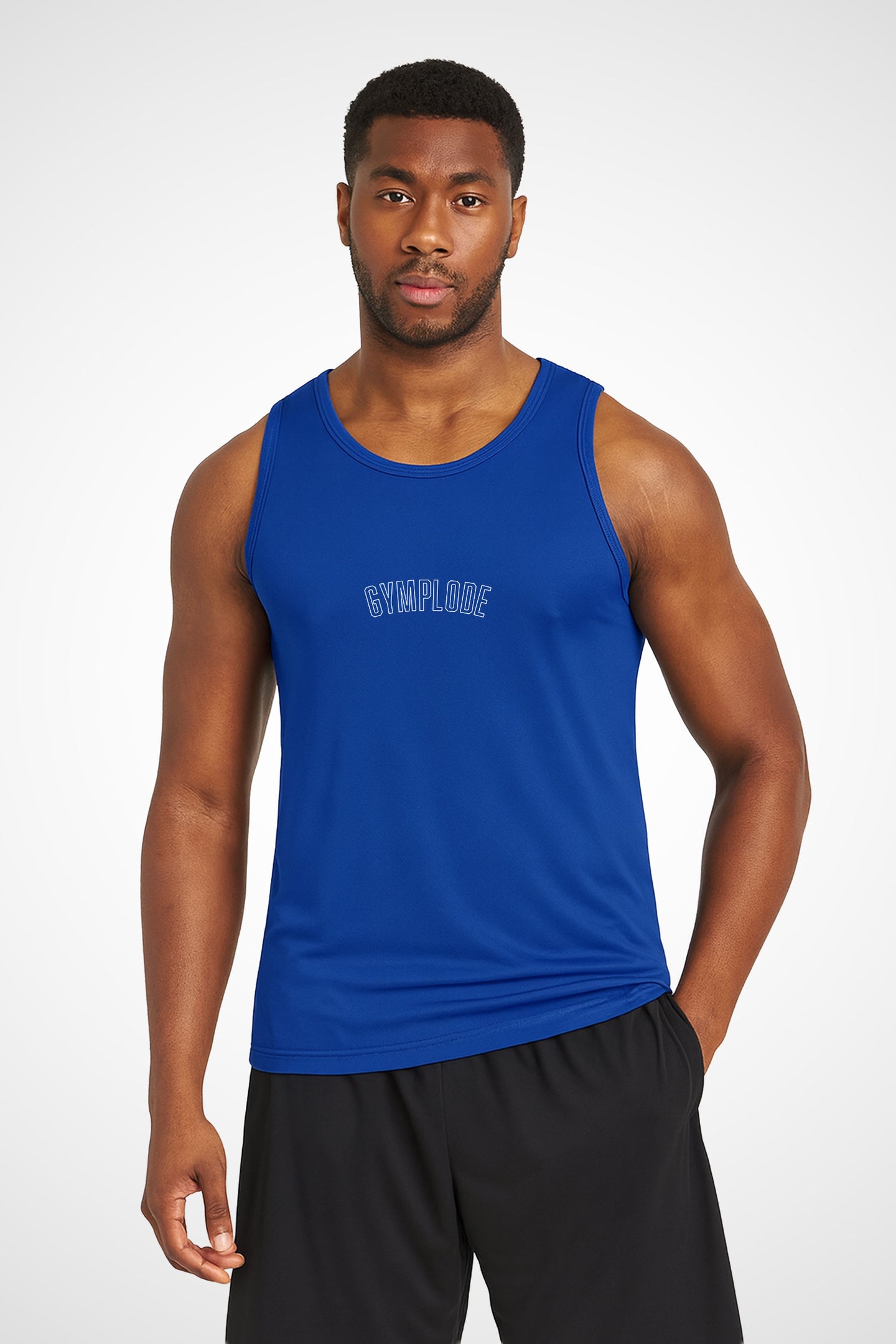 Mens AWDis TraceFit activewear vest with Gymplode signature logo, front view with model
