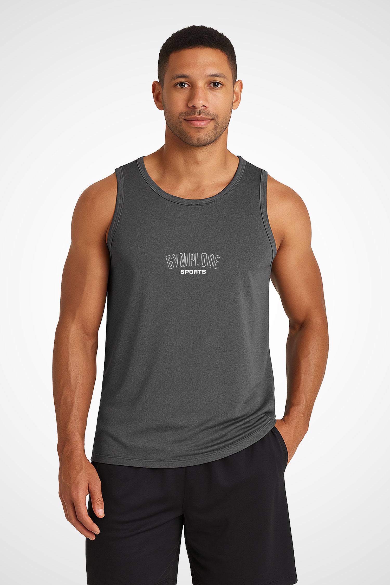 Mens AWDis TraceFit sportline vest with Gymplode signature logo, front view with model