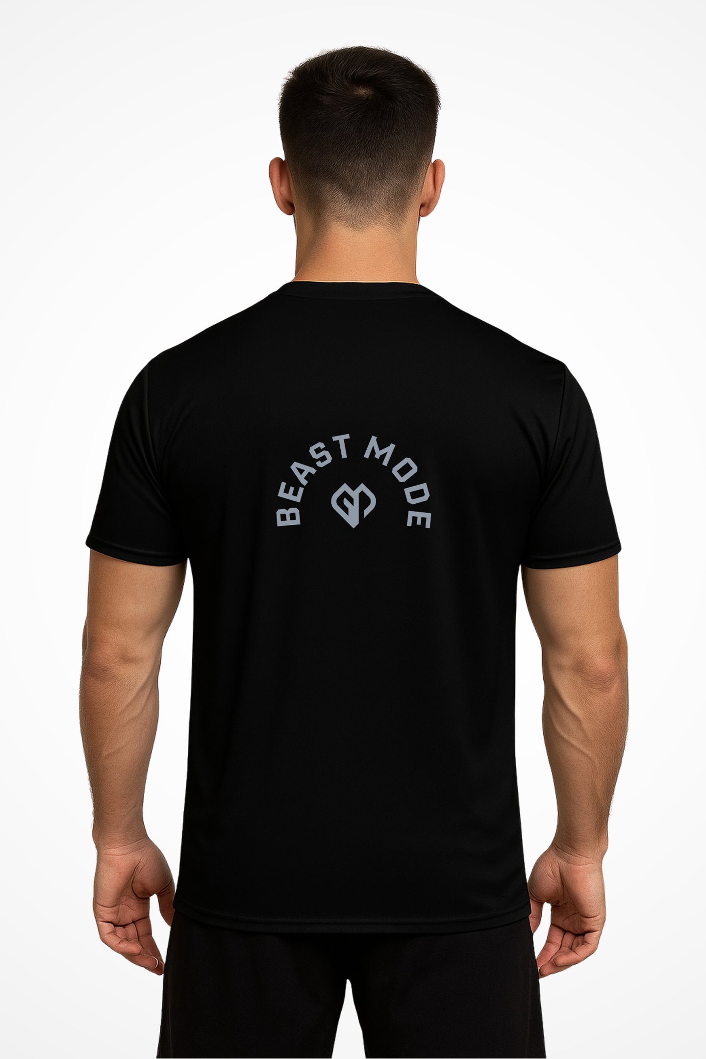 Mens Beast Mode dry-fit v-neck t-shirt with Gymplode icon logo, back view with model