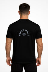 Mens Beast Mode dry-fit v-neck t-shirt with Gymplode icon logo, back view with model