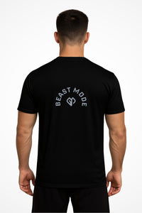 Mens Beast Mode dry-fit v-neck t-shirt with Gymplode icon logo, back view with model