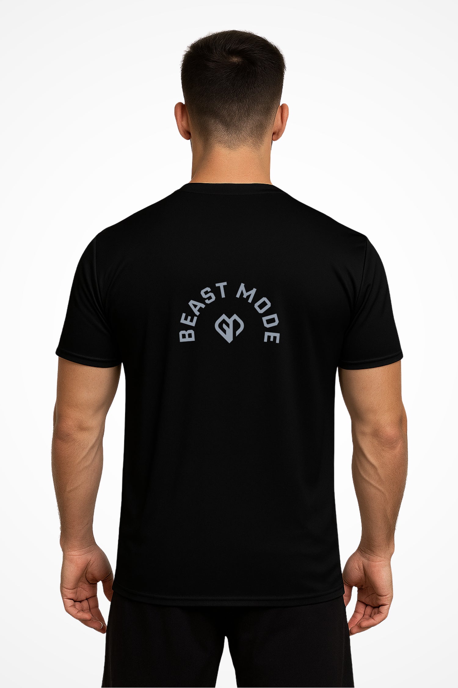 Mens Beast Mode dry-fit v-neck t-shirt with Gymplode icon logo, back view with model