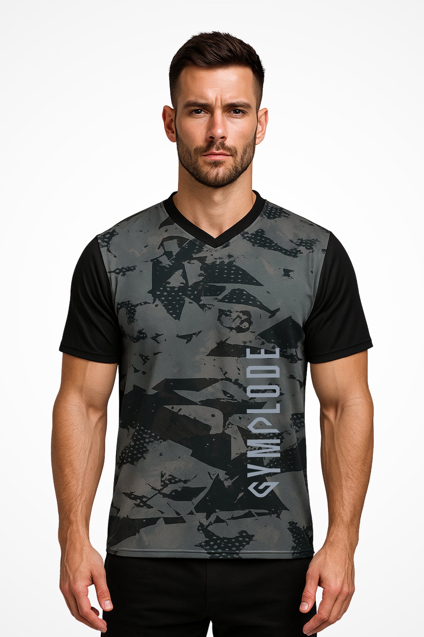 Mens Beast Mode dry-fit v-neck t-shirt with Gymplode signature logo, front view with model