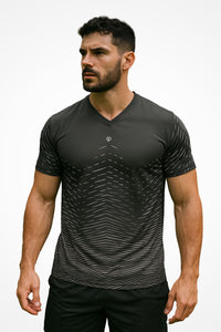 Mens Chevron V-Neck sports t-shirt with Gymplode icon logo, front view with model
