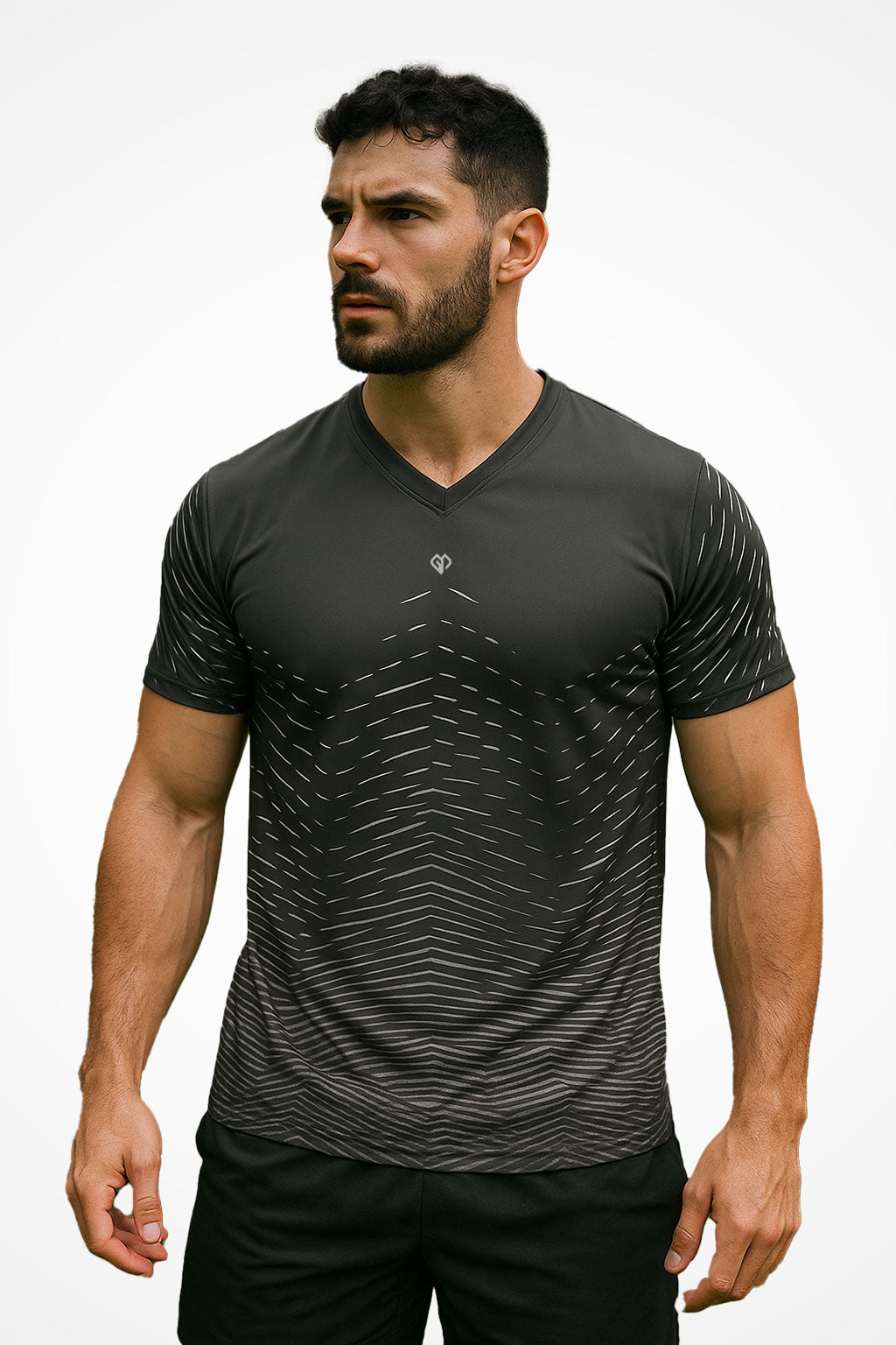 Mens Chevron V-Neck sports t-shirt with Gymplode icon logo, front view with model