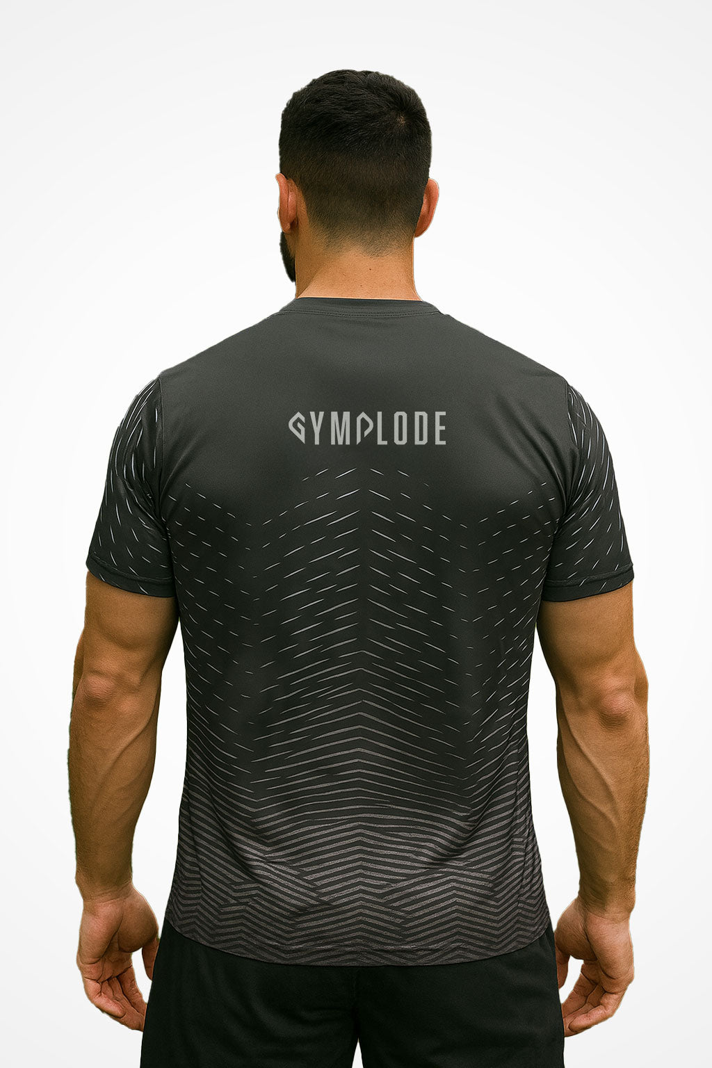 Mens Chevron V-Neck sports t-shirt with Gymplode signature logo, back view with model
