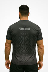 Mens Chevron V-Neck sports t-shirt with Gymplode signature logo, back view with model