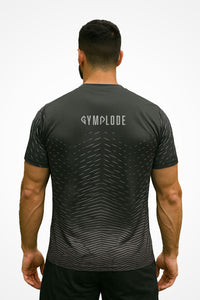 Mens Chevron V-Neck sports t-shirt with Gymplode signature logo, back view with model