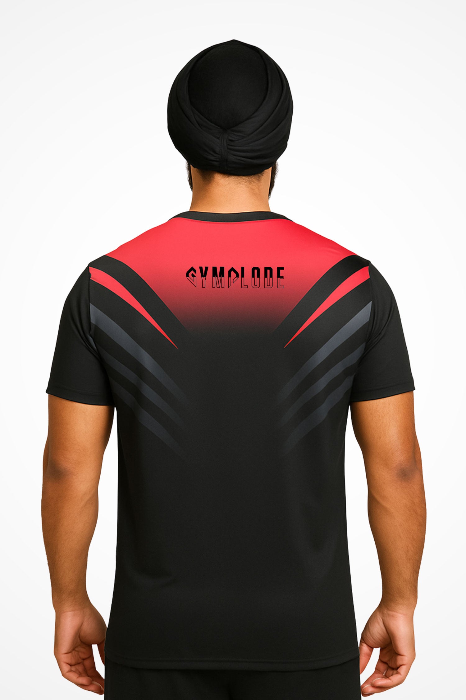 Mens Edge-5 comfort fit activewear t-shirt with Gymplode signature logo, back view with model