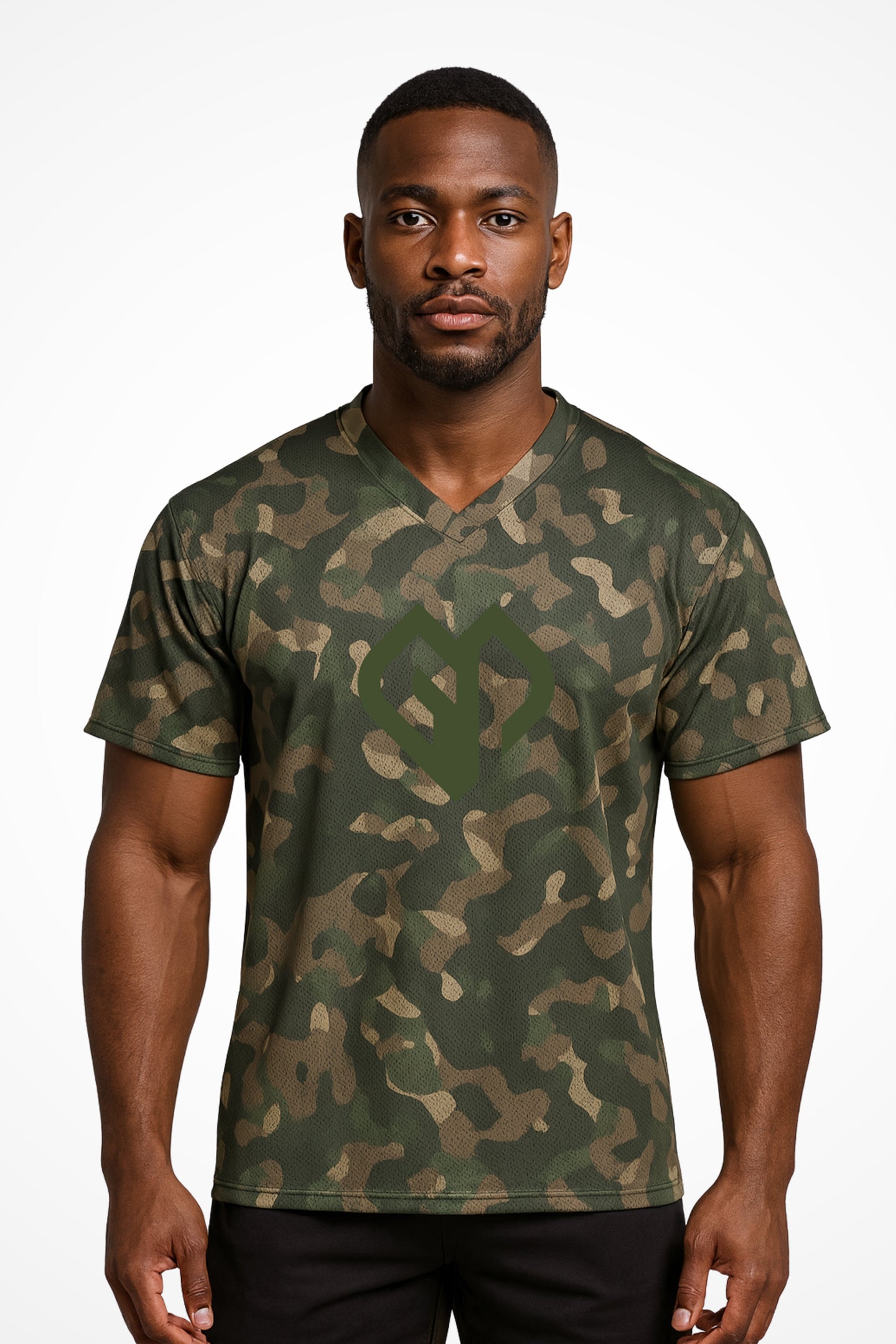 Mens G-Militar loose fit v-neck sports t-shirt with Gymplode icon logo, front view with model