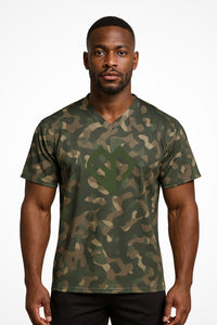 Mens G-Militar loose fit v-neck sports t-shirt with Gymplode icon logo, front view with model