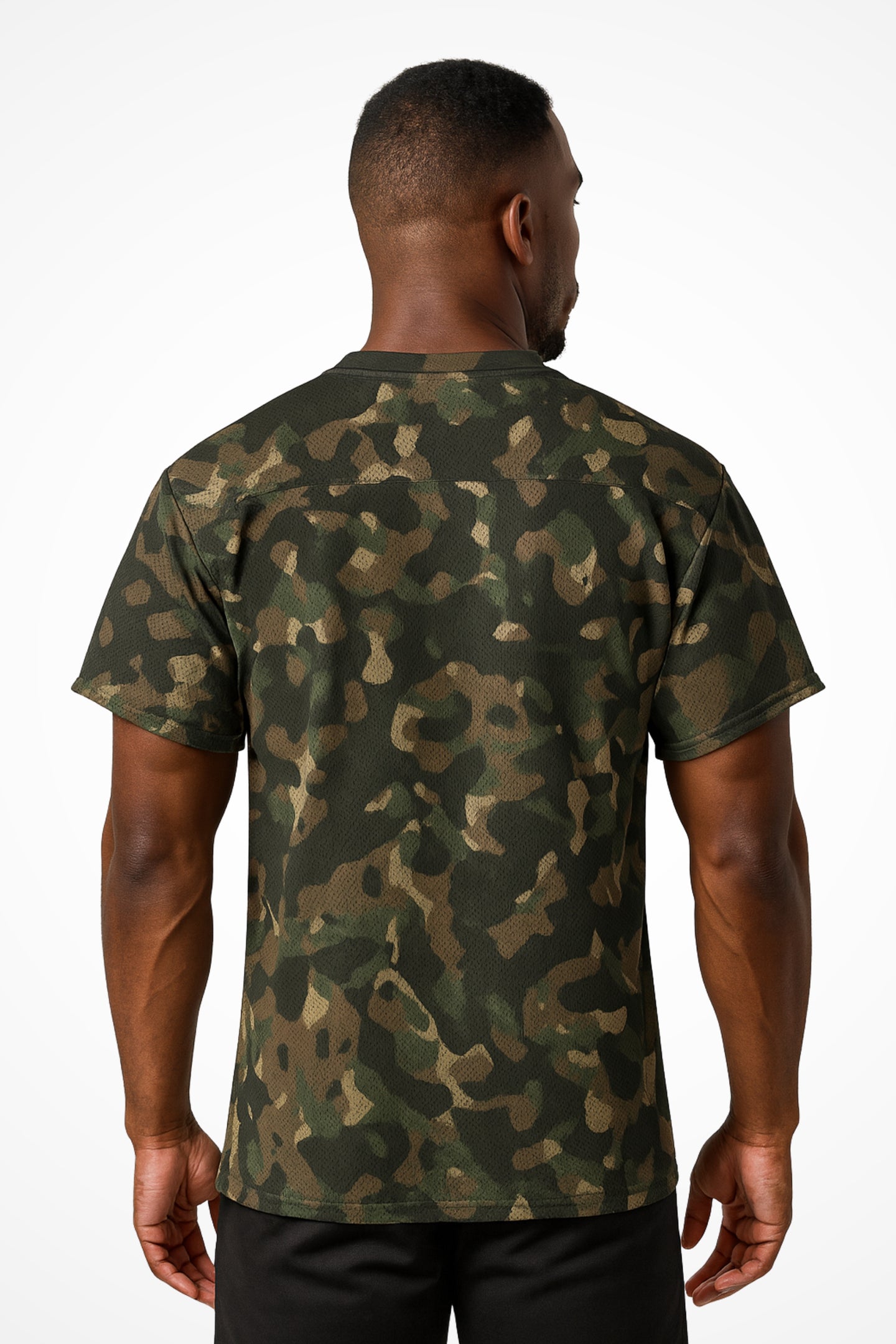 Mens Gymplode G-Militar loose fit v-neck sports t-shirt with no print, back view with model