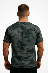 Mens Gymplode Geo V-Neck performance t-shirt with no print, back view with model