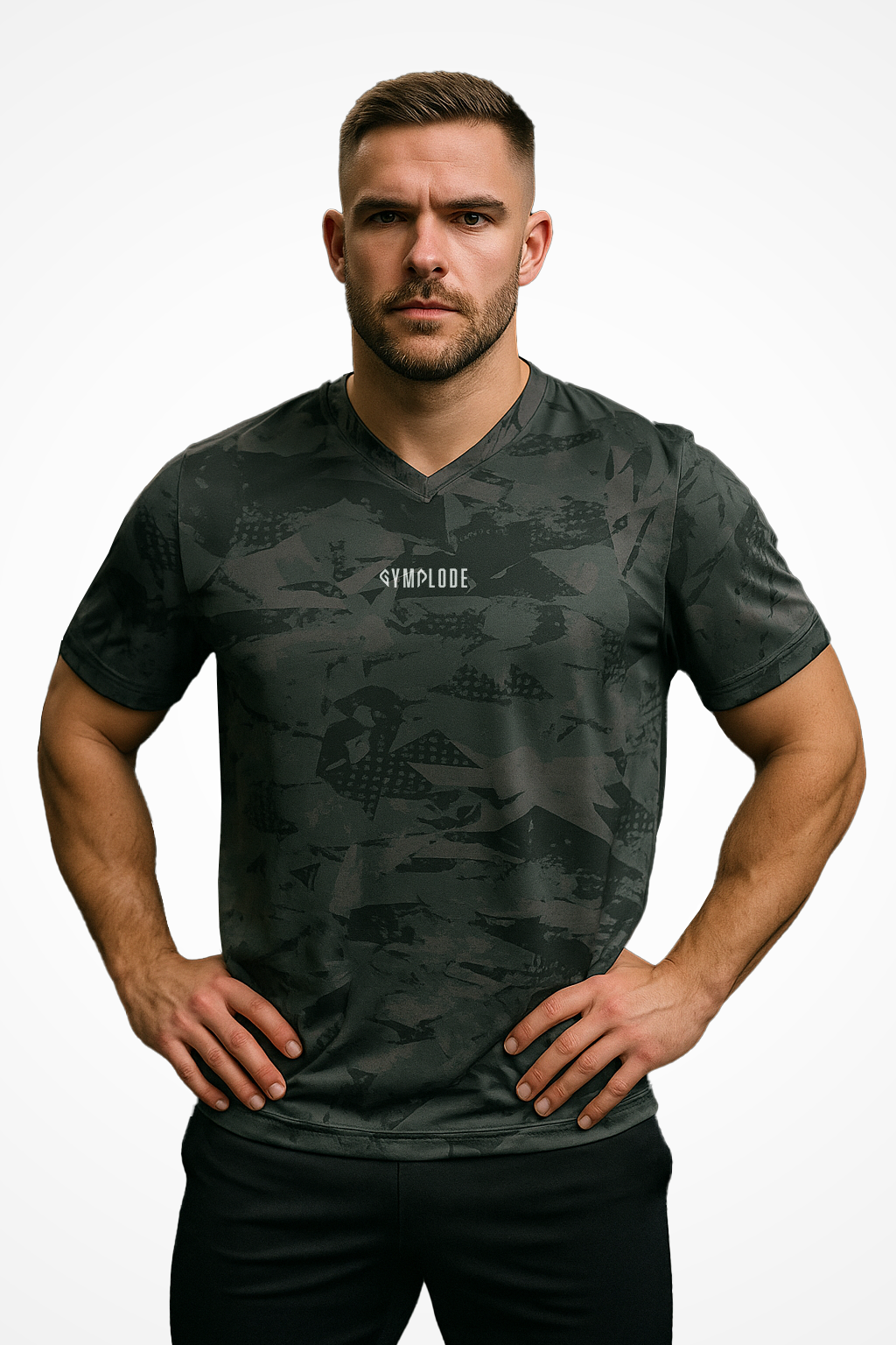 Mens Geo V-Neck performance t-shirt with Gymplode signature logo, front view with model