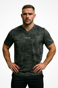 Mens Geo V-Neck performance t-shirt with Gymplode signature logo, front view with model