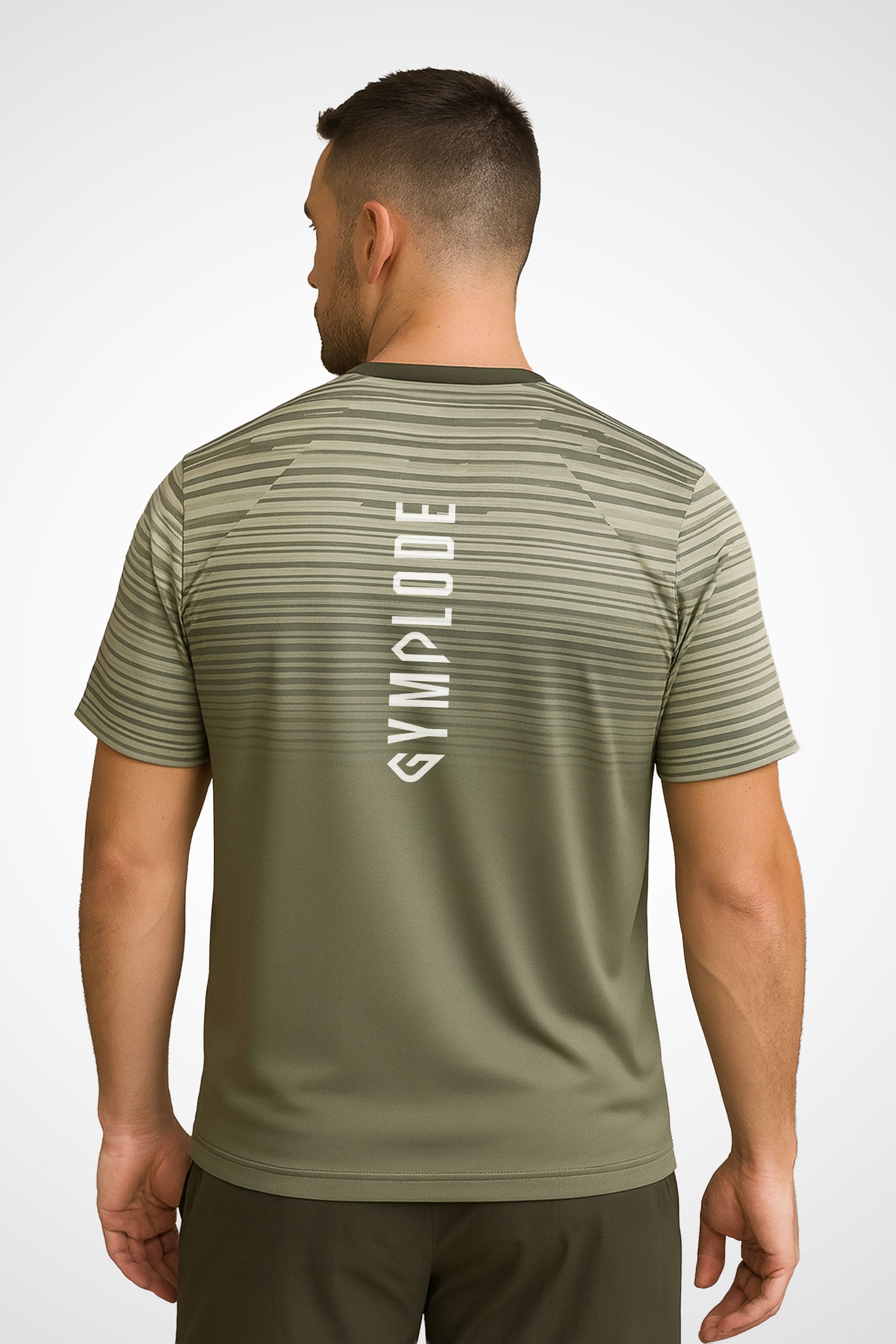 Mens Mossline regular fit workout t-shirt with Gymplode signature logo, back view with model